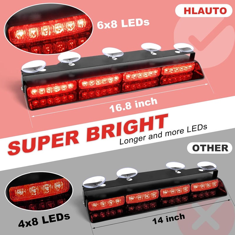 HLauto 6Z4J Emergency Dash Strobe Lights: 2x16.8 inch Red Safety Lights, 48 LED Flashing Warning Hazard Interior Windshield Visor Traffic Light Bar for Trucks, Construction Vehicles - Image 2